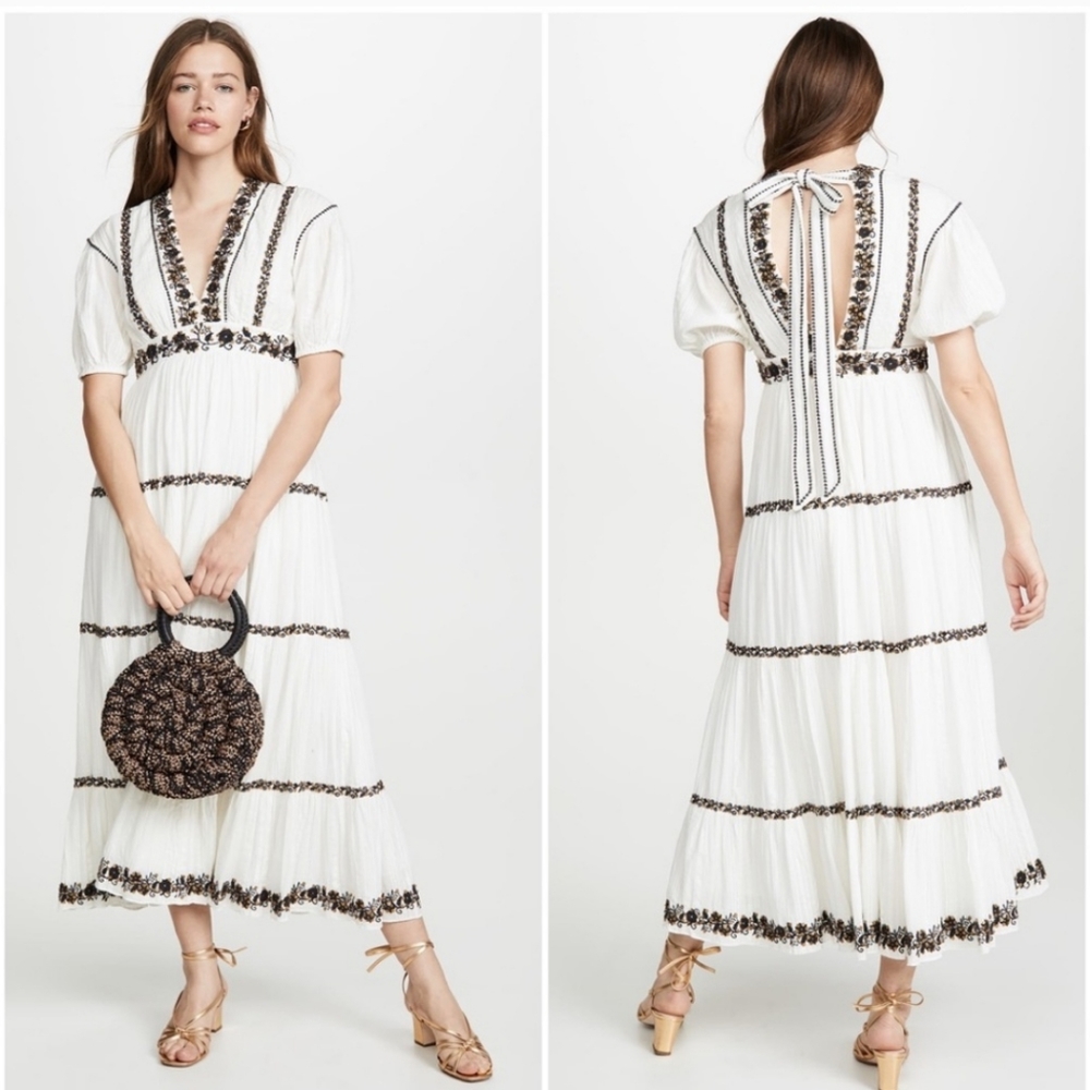 Ulla Johnson White Tiered Maxi Dress with Black Embroidery
